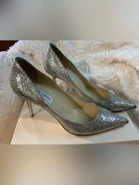 Jimmy Choo Silver Glitter Pointed Pumps with Stiletto Heel